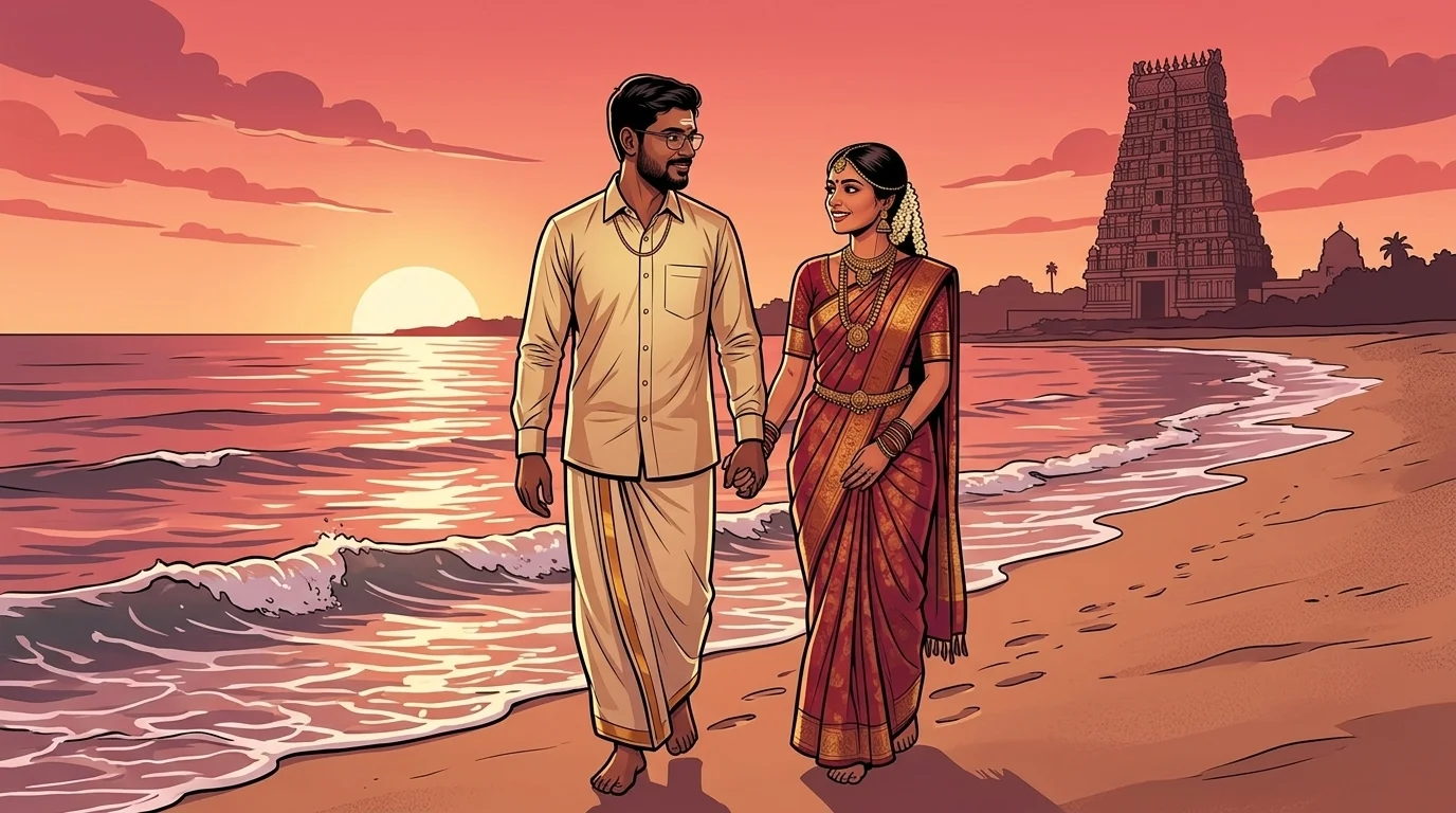 GnanaGanesh and Dharshini walking on Tiruchendur beach at sunset
