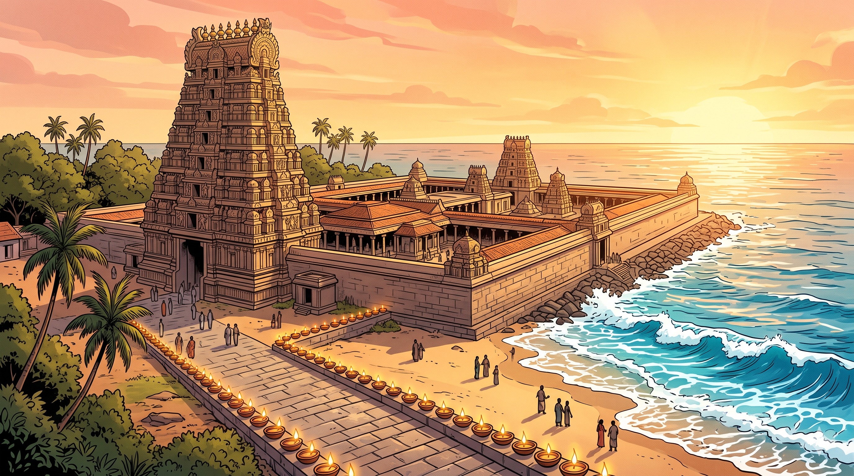Artistic comic illustration of Tiruchendur Murugan Temple on the seashore with glowing oil lamps