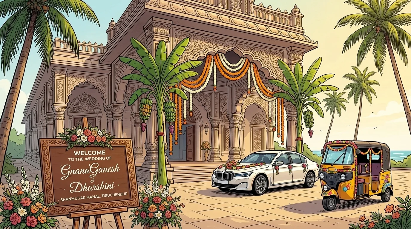 Shanmugar Mahal wedding hall in Tiruchendur adorned with floral arches